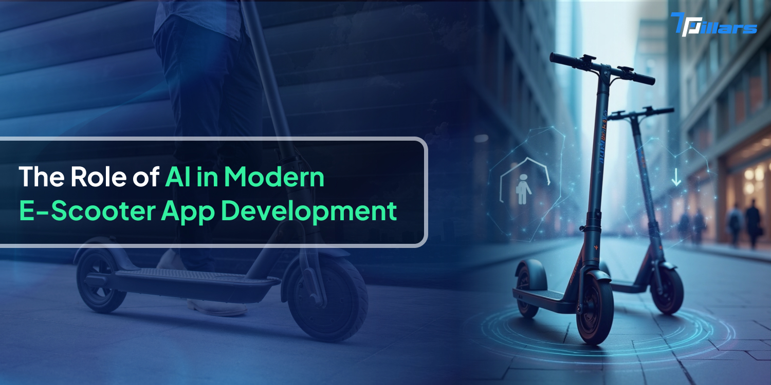 An AI-powered e-scooter app on a smartphone screen, with several e-scooters parked on a city street in the background, illustrating the role of AI in modern e-scooter app development.