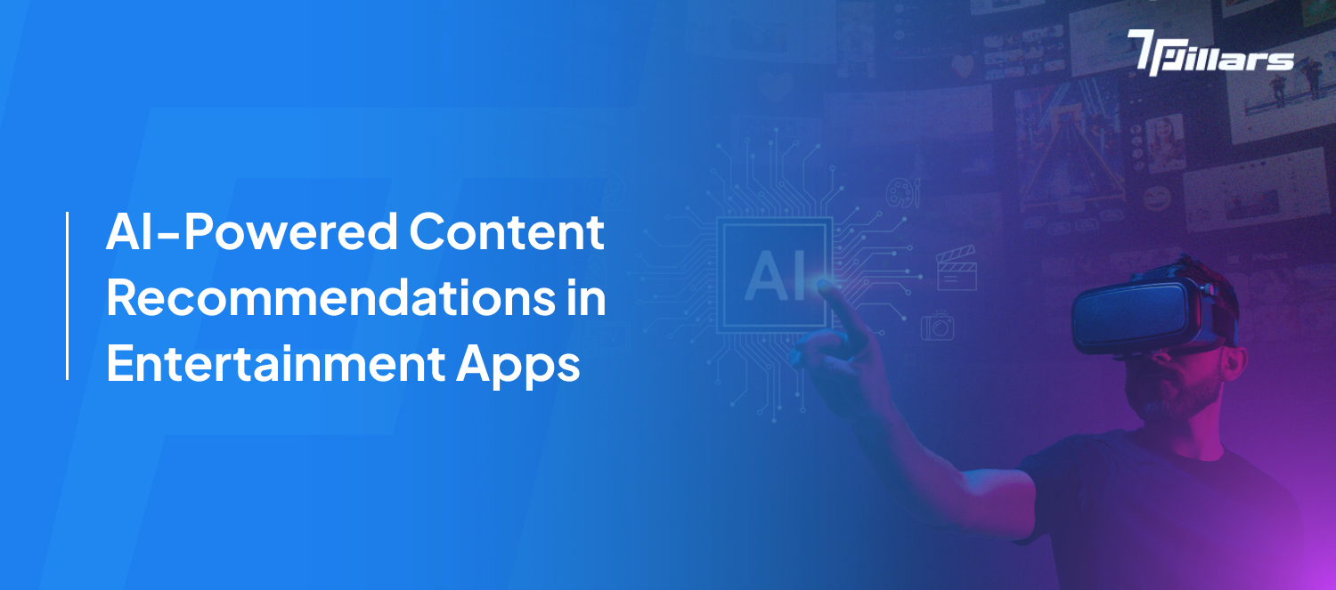 Person in VR headset with AI circuit board, showing AI-powered content recommendations for an entertainment app—7pillars, artificial intelligence, entertainment app.