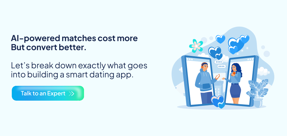 Illustration of an AI robot with dating app user profiles, showing the cost and conversion benefits of AI technology—7Pillars, Artificial Intelligence, Dating App