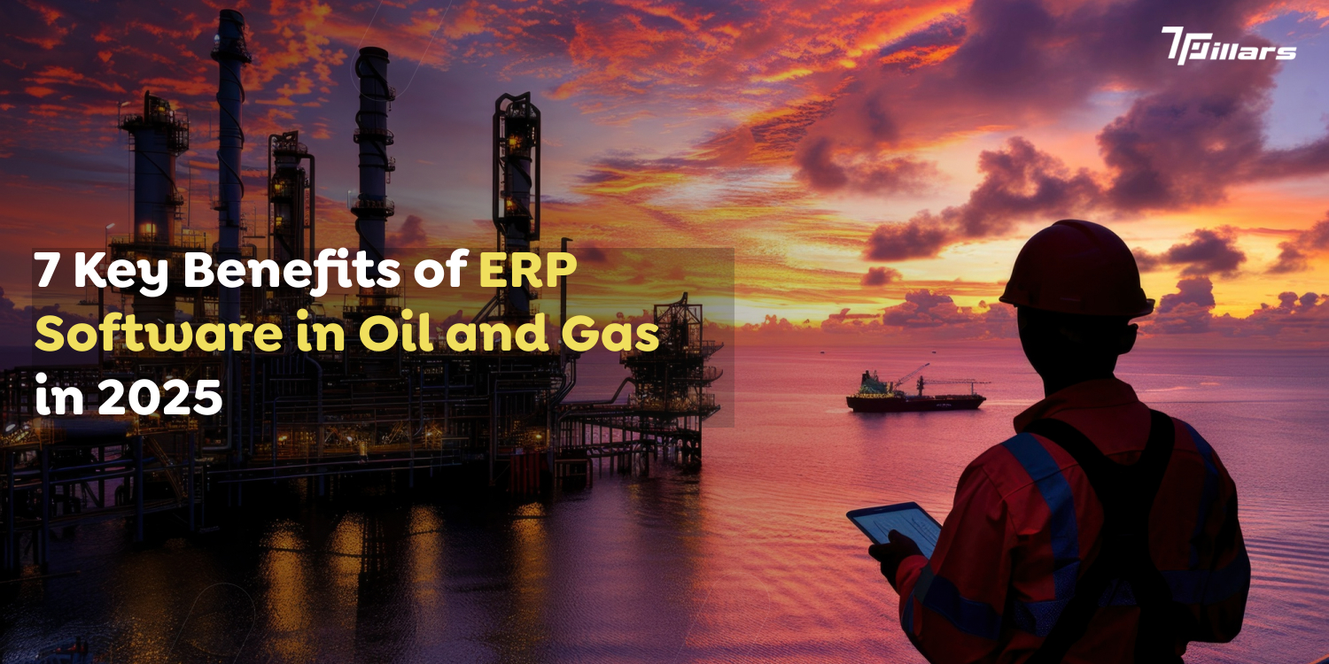 A forward-looking image of an oil rig and a digitally connected worker, representing the benefits of ERP software in the oil and gas industry in 2025.