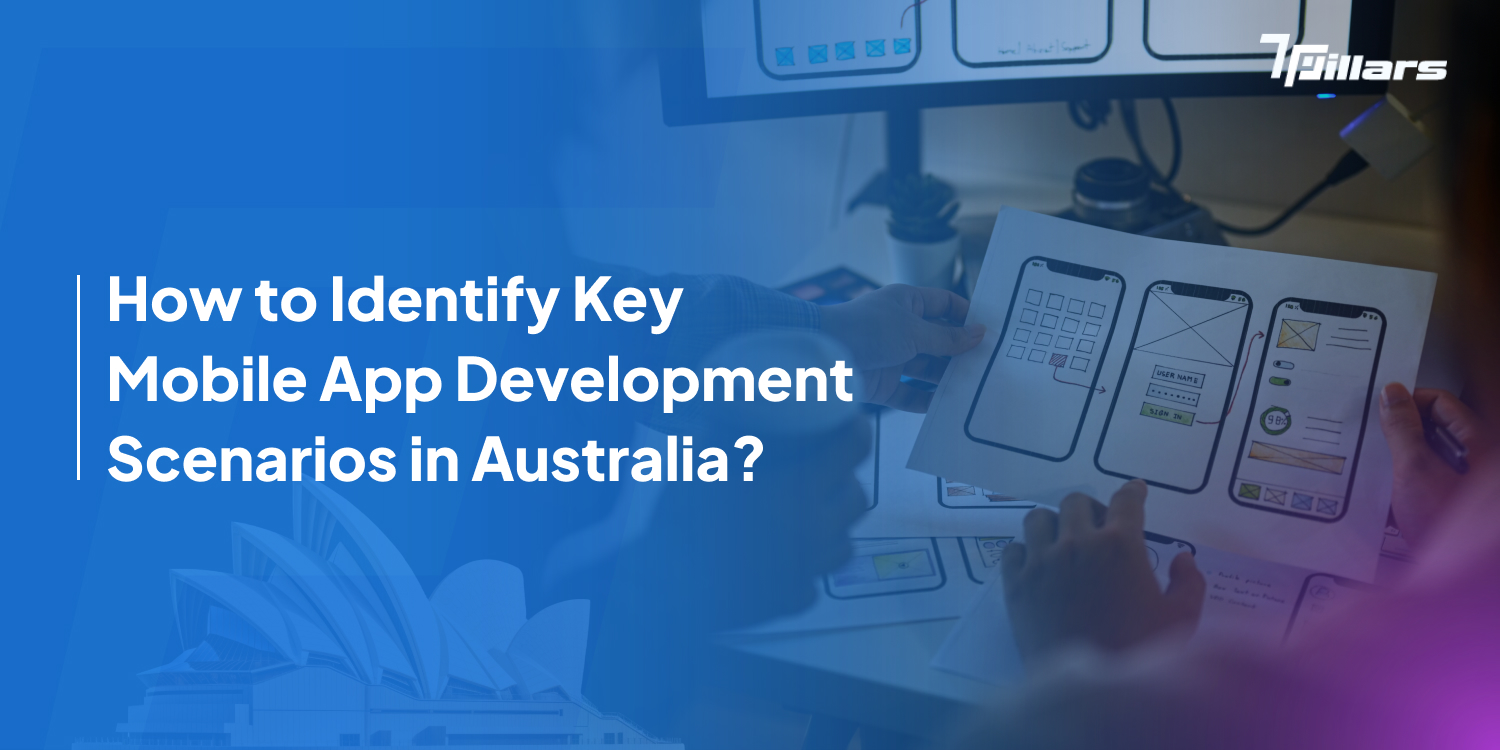 showing UI/UX design wireframes and a person analyzing mobile app development scenarios in Australia.