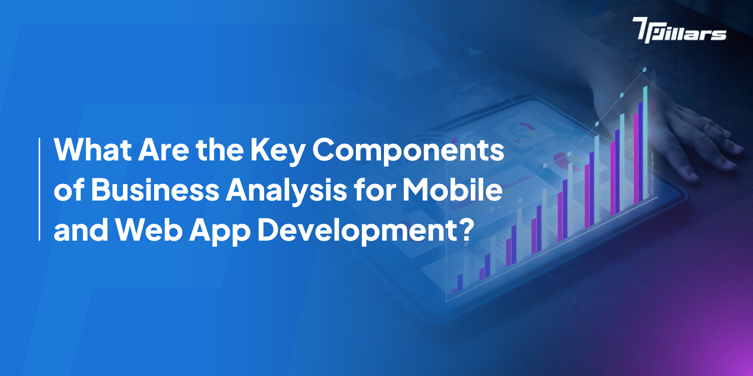 A digital banner promoting a blog post on 'Key Components of Business Analysis for Mobile and Web App Development,' featuring a hand interacting with a tablet displaying a rising bar graph.