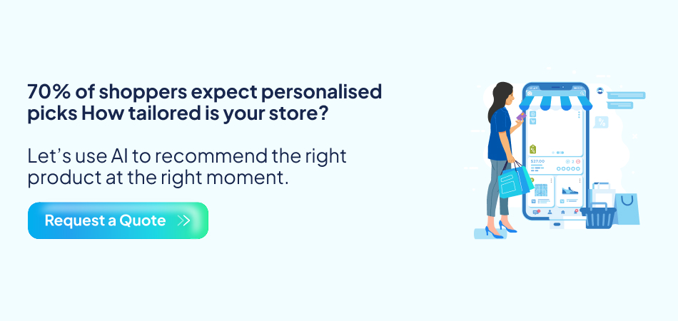 Illustration of a woman shopping on a large smartphone displaying an e-commerce store, surrounded by shopping bags and icons, highlighting how AI technology helps recommend personalized products at the right moment, meeting shopper expectations—7pillars