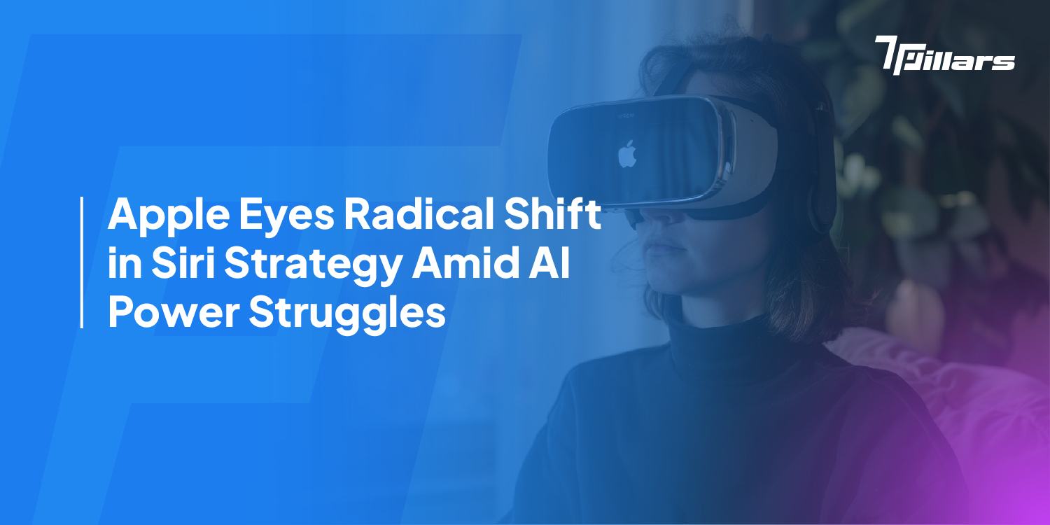 A person wearing a virtual reality headset with an Apple logo, illustrating the headline 'Apple Eyes Radical Shift in Siri Strategy Amid AI Power Struggles,' highlighting developments in AI - 7pillars