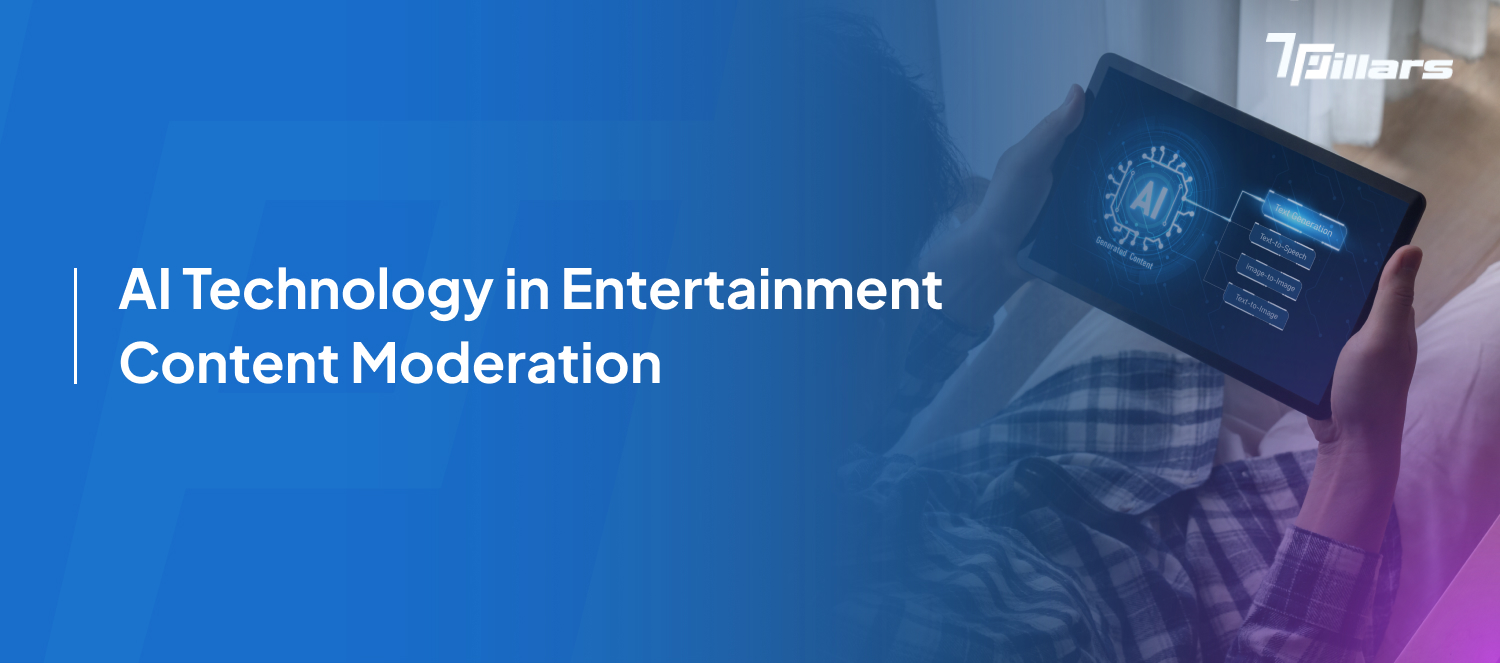 Person holding a tablet displaying AI concepts, representing the use of AI technology in entertainment content moderation-7pillars, AI Technology, Artificial Intelligence, and entertainment app development—7pillars, AI Technology, Artificial Intelligence, and entertainment app development