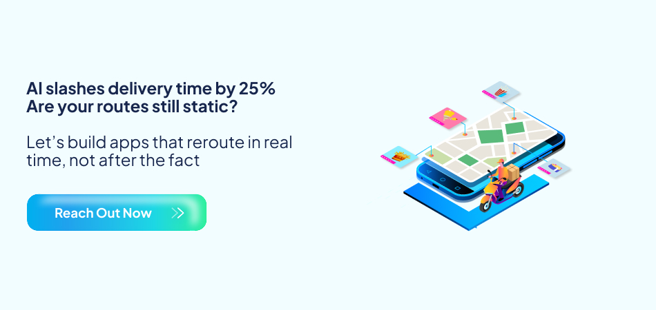 Mobile app interface with live delivery tracking and a scooter rider representing real-time route optimization using AI - 7pillars