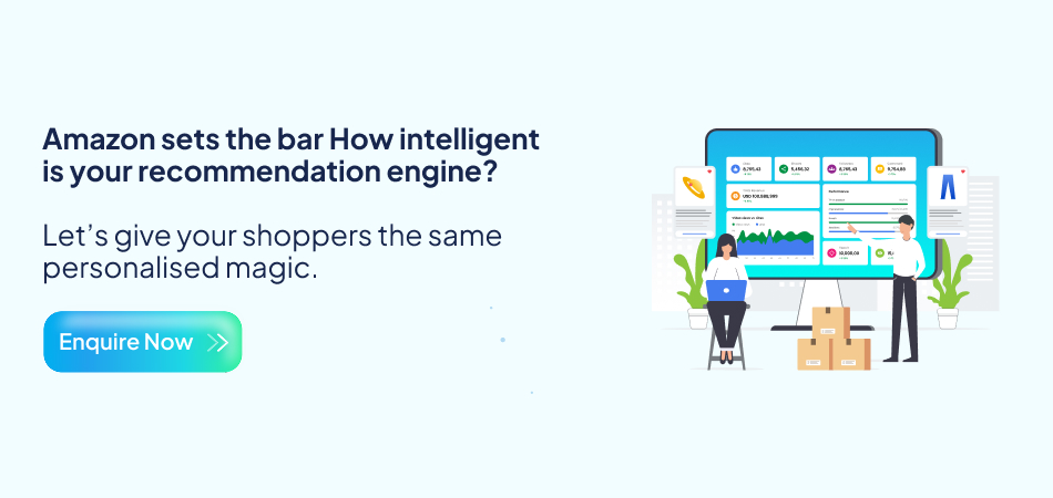 a man and a woman on computers with a large screen displaying e-commerce analytics, emphasizing how AI technology can create personalized shopping experiences and intelligent recommendation engines, similar to Amazon —7pillars