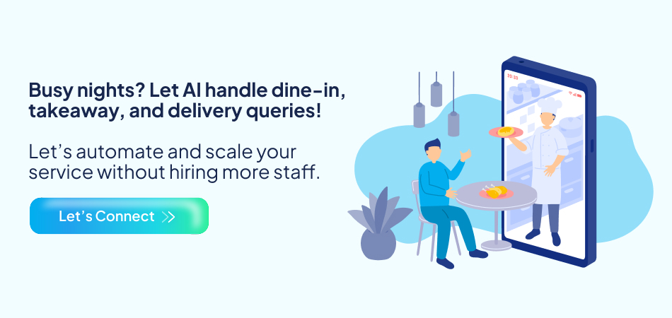 Illustration of a server with a tablet and a robot, showing how AI technology handles restaurant queries on busy nights—7pillars, AI Technology, artificial intelligence, and food delivery app.