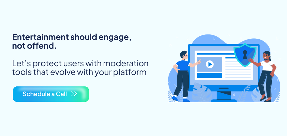 Two people with a computer screen showing content and a shield icon, symbolizing moderation tools enhanced by AI technology to protect users and ensure engaging, non-offensive entertainment—7pillars, AI Technology, Artificial Intelligence, and entertainment app development
