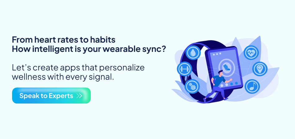 person interacting with a smartwatch and phone, surrounded by health icons, emphasizing how AI technology can personalize wellness through wearable sync, tracking heart rates to habits – 7pillars