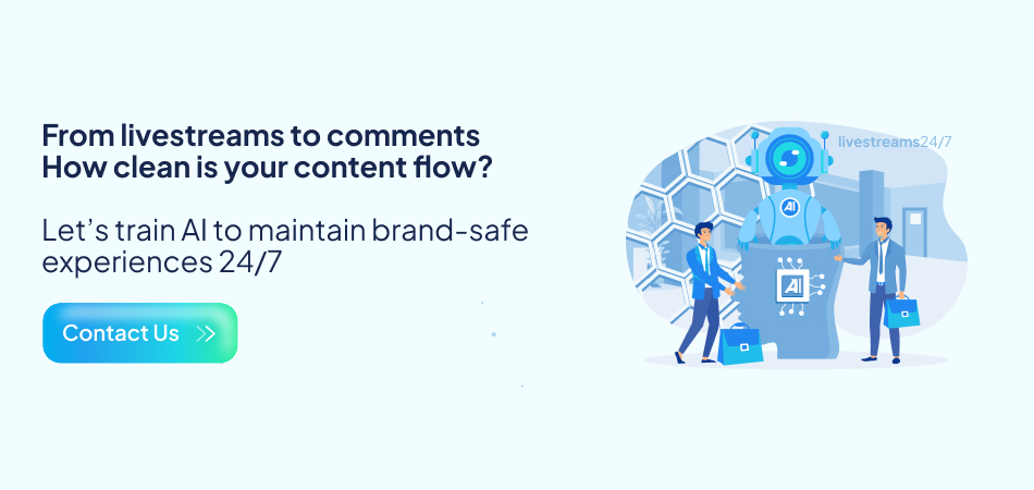 Illustration of an AI robot overseeing content flow from livestreams to comments, emphasizing training AI technology to maintain 24/7 brand-safe experiences—7pillars, AI Technology, Artificial Intelligence, and entertainment app development