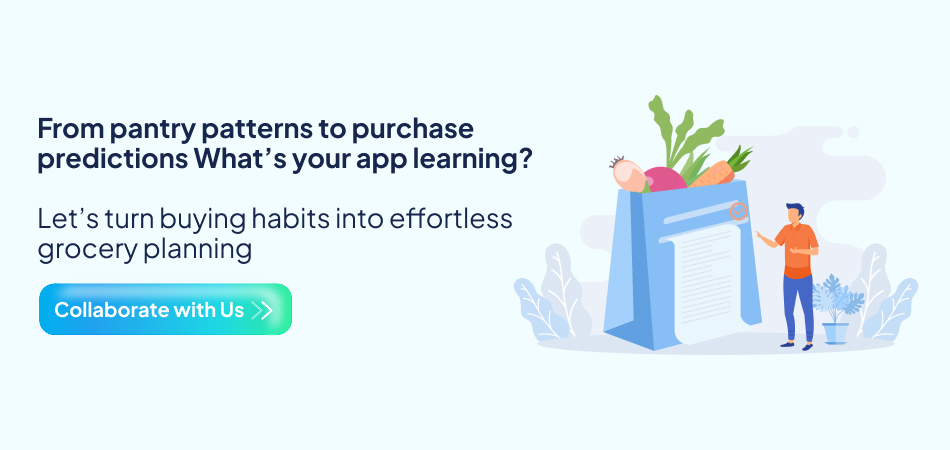 Illustration of a person looking at a large grocery bag, symbolizing a smart grocery delivery app that predicts purchases from pantry patterns for effortless planning—7pillars, grocery delivery app development, and artificial intelligence.