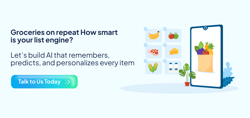 Illustration of a smartphone displaying a personalized grocery list with various items, demonstrating an AI-powered list engine for a grocery delivery app that remembers, predicts, and personalizes—7pillars, grocery delivery app development, and artificial intelligence.