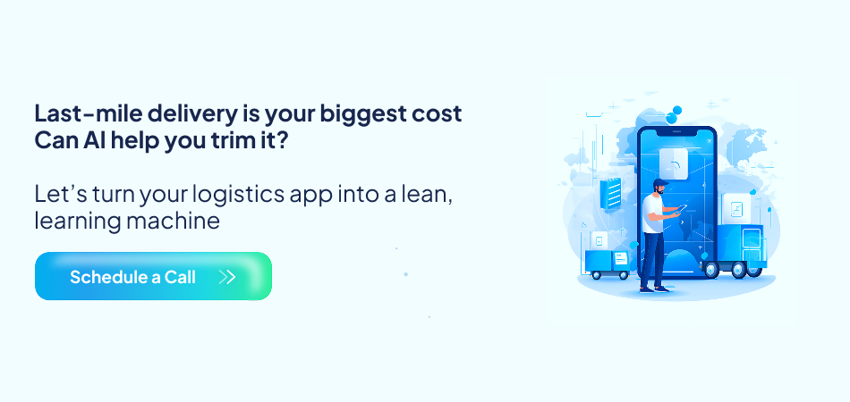 "Illustration of a man with logistics boxes and a giant smartphone optimizing last-mile delivery using AI - 7pillars