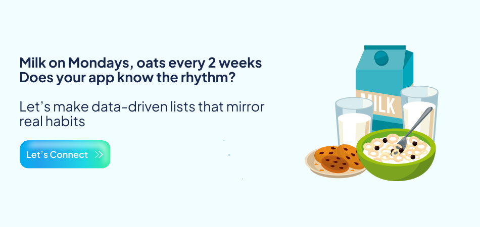 Illustration of milk, cookies, and a bowl of oats, suggesting a grocery delivery app that creates data-driven lists mirroring real user habits and consumption rhythms—7pillars, grocery delivery app development, and artificial intelligence.