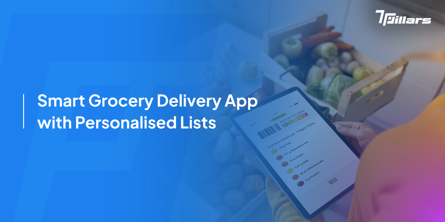 A person holding a tablet displaying a grocery list within a kitchen setting, representing a smart grocery delivery app with personalized lists—7pillars, grocery delivery app development, and artificial intelligence.