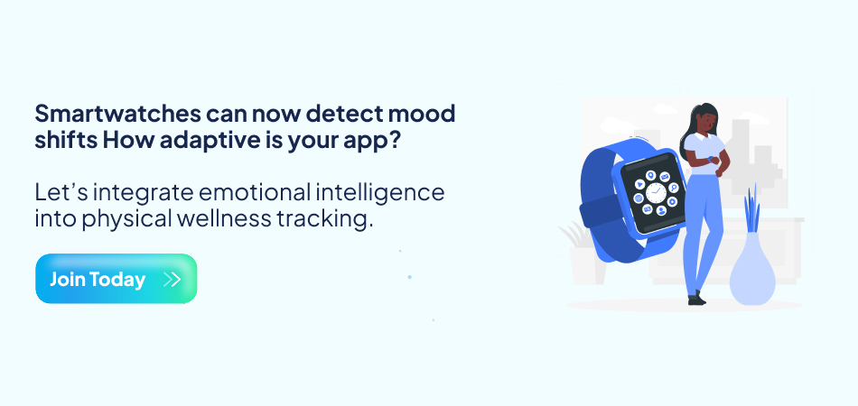 a smartwatch with a mood indicator and a person, highlighting the integration of emotional intelligence and AI technology in wearable apps for physical wellness tracking – 7pillars