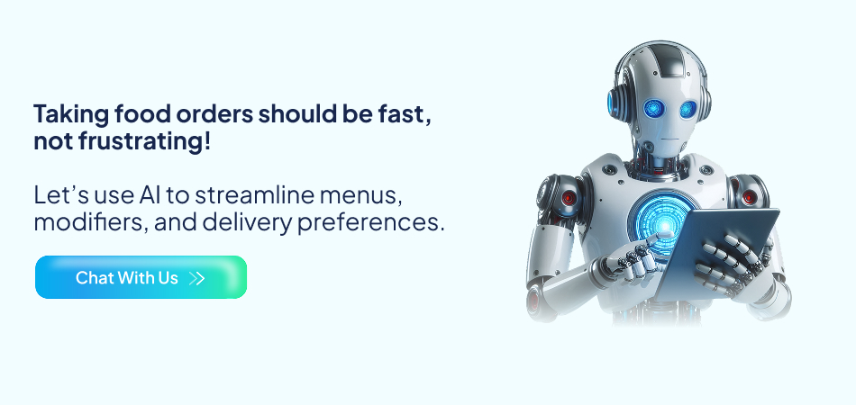 Illustration of a robot and a smartphone screen, showing AI technology streamlining food orders—7pillars, AI Technology, artificial intelligence, food delivery app.