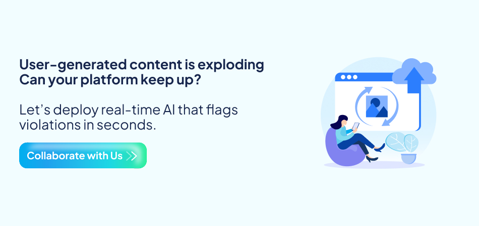 Illustration of a person using a laptop with a cloud upload icon, representing the challenge of exploding user-generated content and the solution of deploying real-time AI technology to flag violations rapidly—7pillars, AI Technology, Artificial Intelligence, and entertainment app development