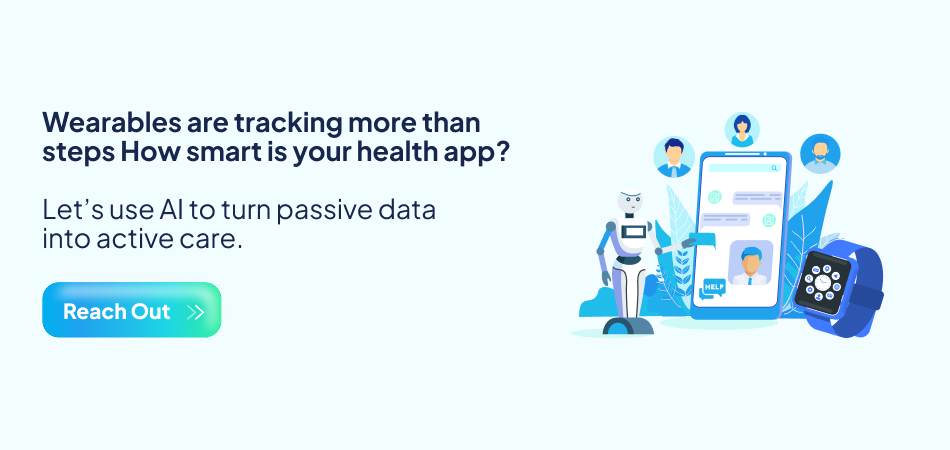 Illustration of a person interacting with a health app on a smartphone, connected to a smartwatch, surrounded by icons of AI-powered care, emphasizing how AI technology in wearables transforms passive data into active healthcare – 7pillars