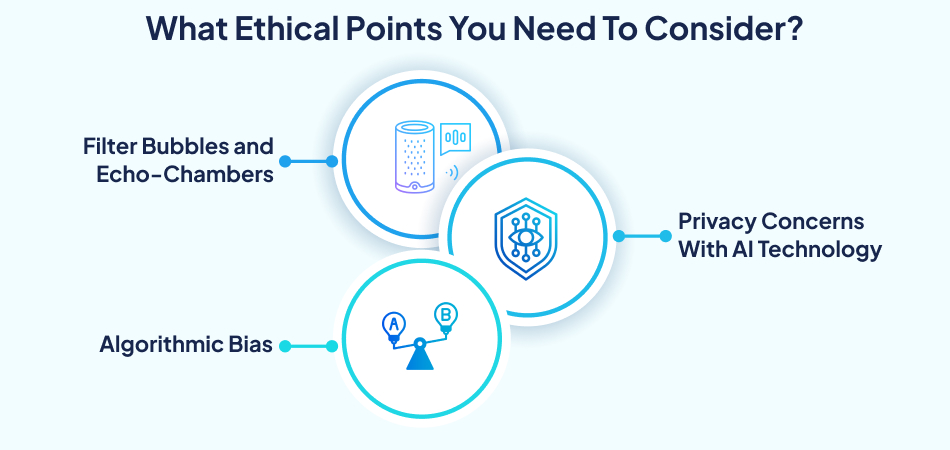 Infographic: Ethical considerations for AI, including filter bubbles, privacy, and algorithmic bias, relevant to an entertainment app—7pillars, artificial intelligence, entertainment app.