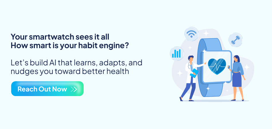 Illustration of doctors analyzing a large smartwatch, promoting AI technology for a smart habit engine that learns, adapts, and nudges users toward better health—7 pillars, ai technology, wearable device technology