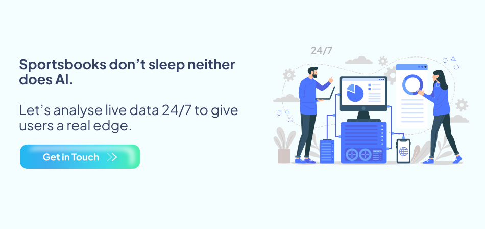 Robot analyzing live data, illustrating how AI technology works 24/7 in sportsbooks—7pillars, Artificial Intelligence, and Sports Betting app.