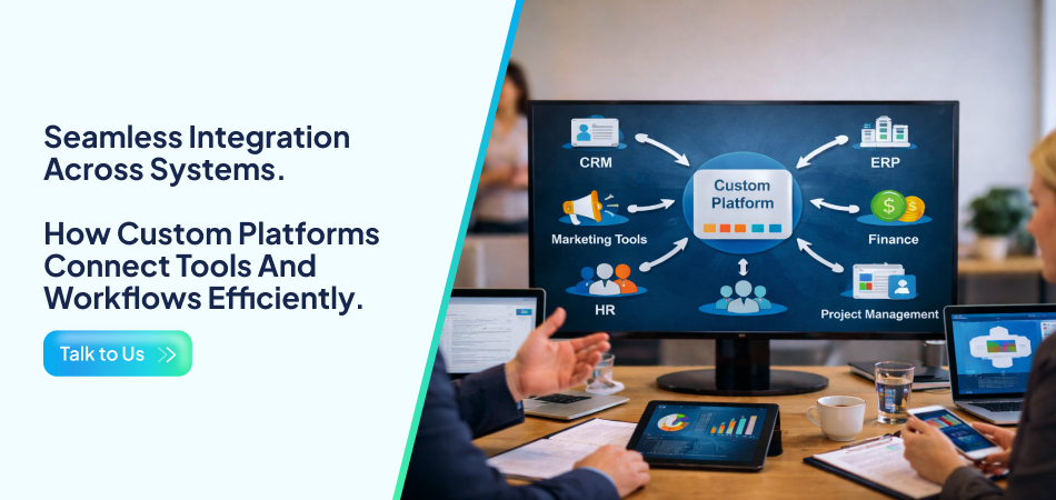 Custom software development integrating CRM, ERP, marketing and finance tools across business systems.