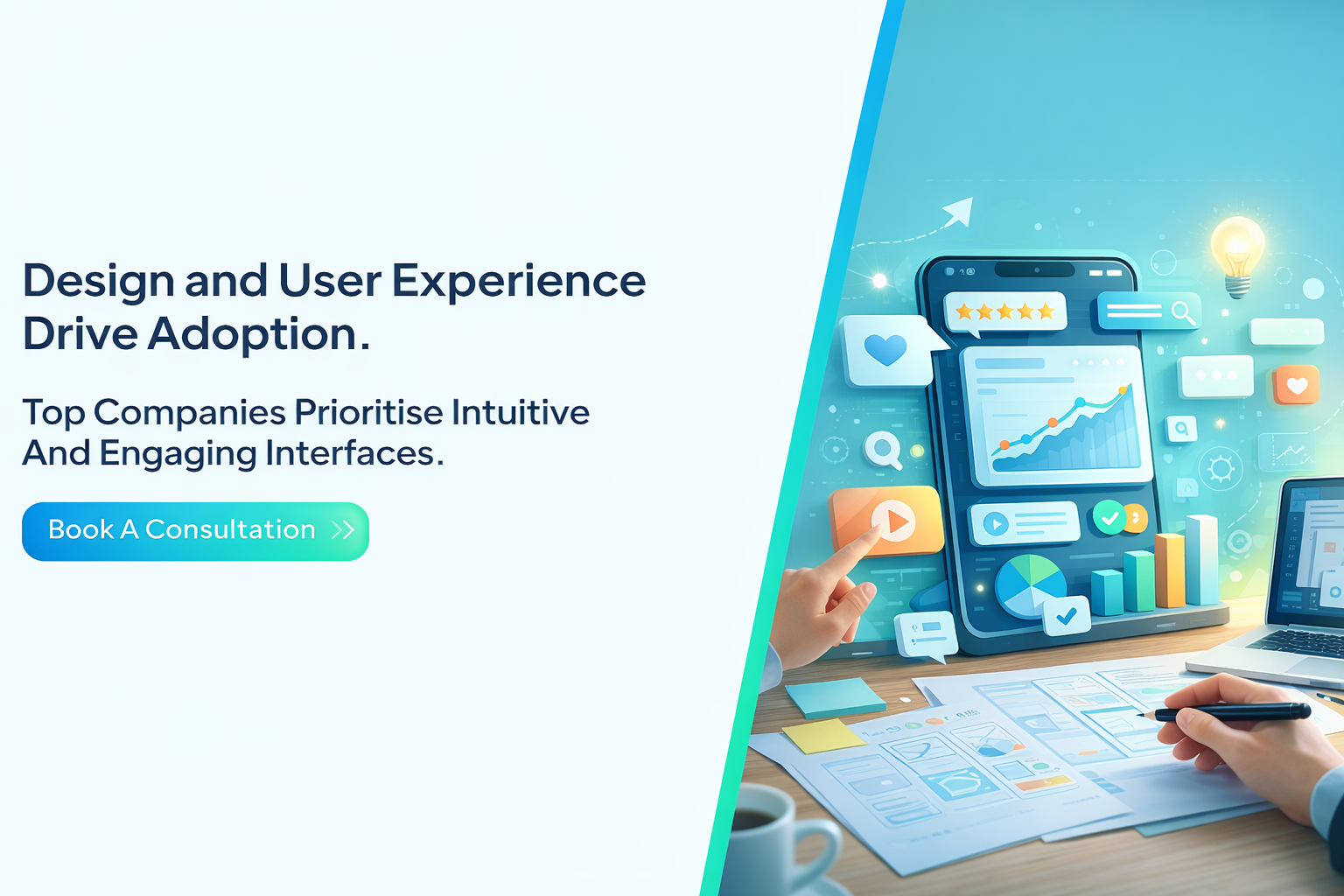 Design and User Experience Drive Adoption. Top Companies Prioritise Intuitive And Engaging Interfaces. Book A Consultation